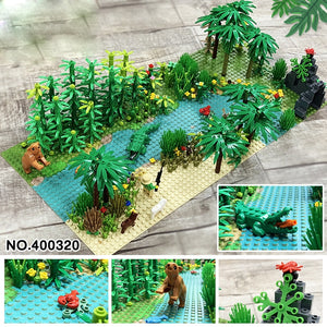 32*32 Dots Classic Base Plates Tropical Rainy Climate Plastic Baseplates Green Jungle  Compatible legoingly Building Blocks Toys Rainforest Baseplate Parts Animal Green Grass Jungle Bush Flower Tree Plants